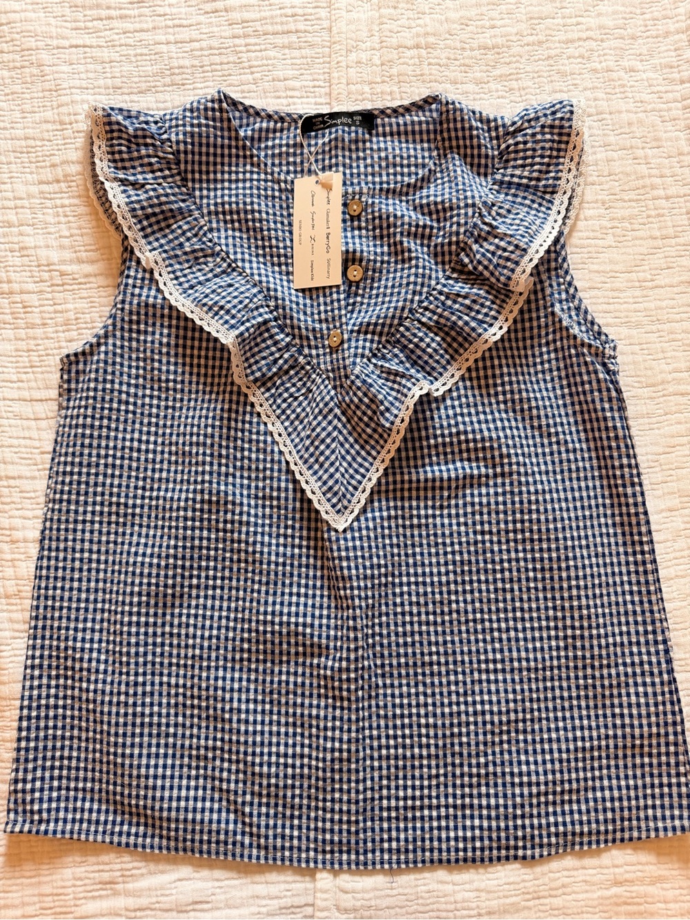 Simplee Apparel Blue Gingham Ruffle V-Neck Blouse with Lace Trim